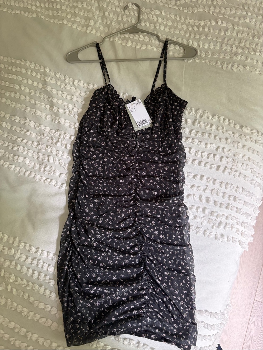 H&M Black Floral Ruched Spaghetti Strap Mini Dress